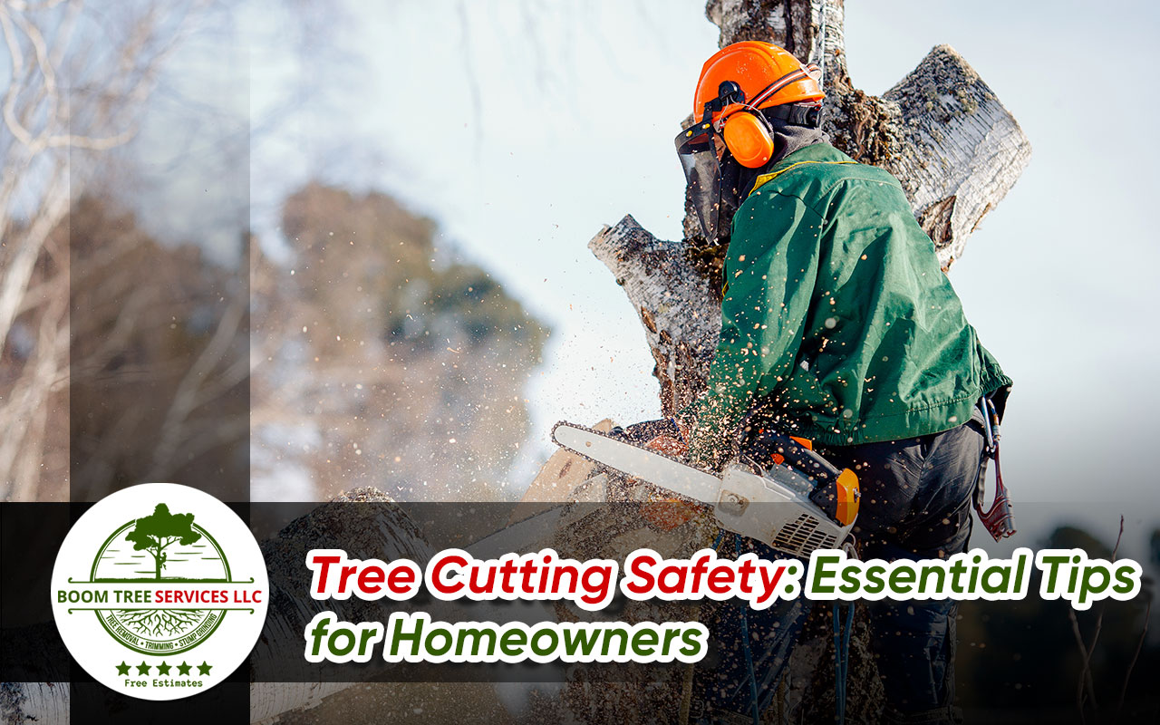 Essential tree cutting safety gear, including a helmet, goggles, gloves, and steel-toe boots, to ensure safe tree cutting.