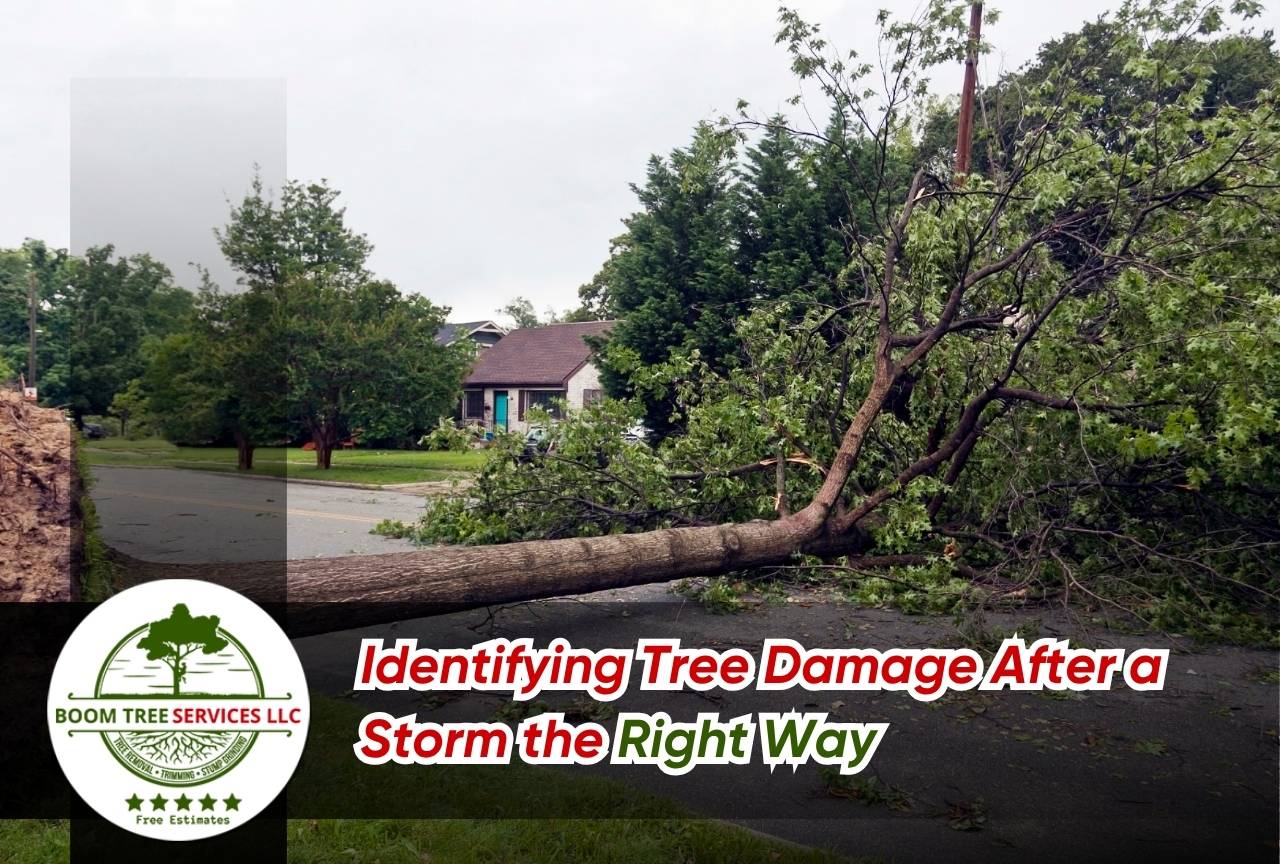 Tree trunk cracked and leaning after a strong storm