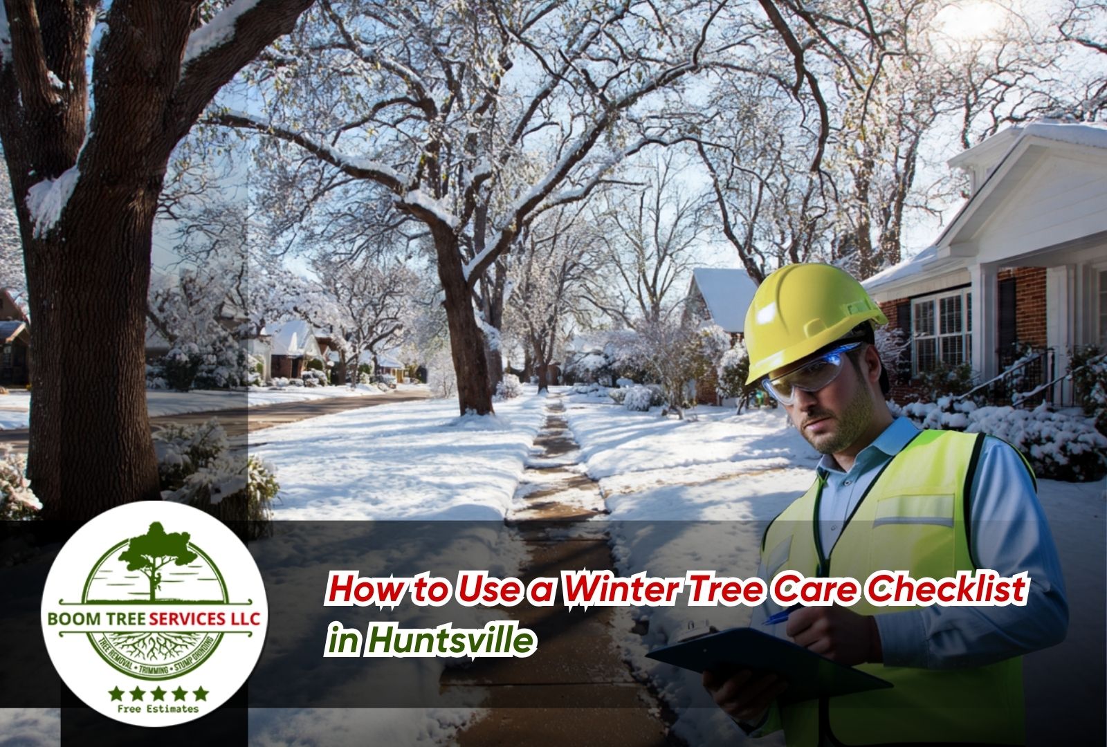 Arborist reviewing a Winter Tree Care in Huntsville Checklist before a winter cold snap.