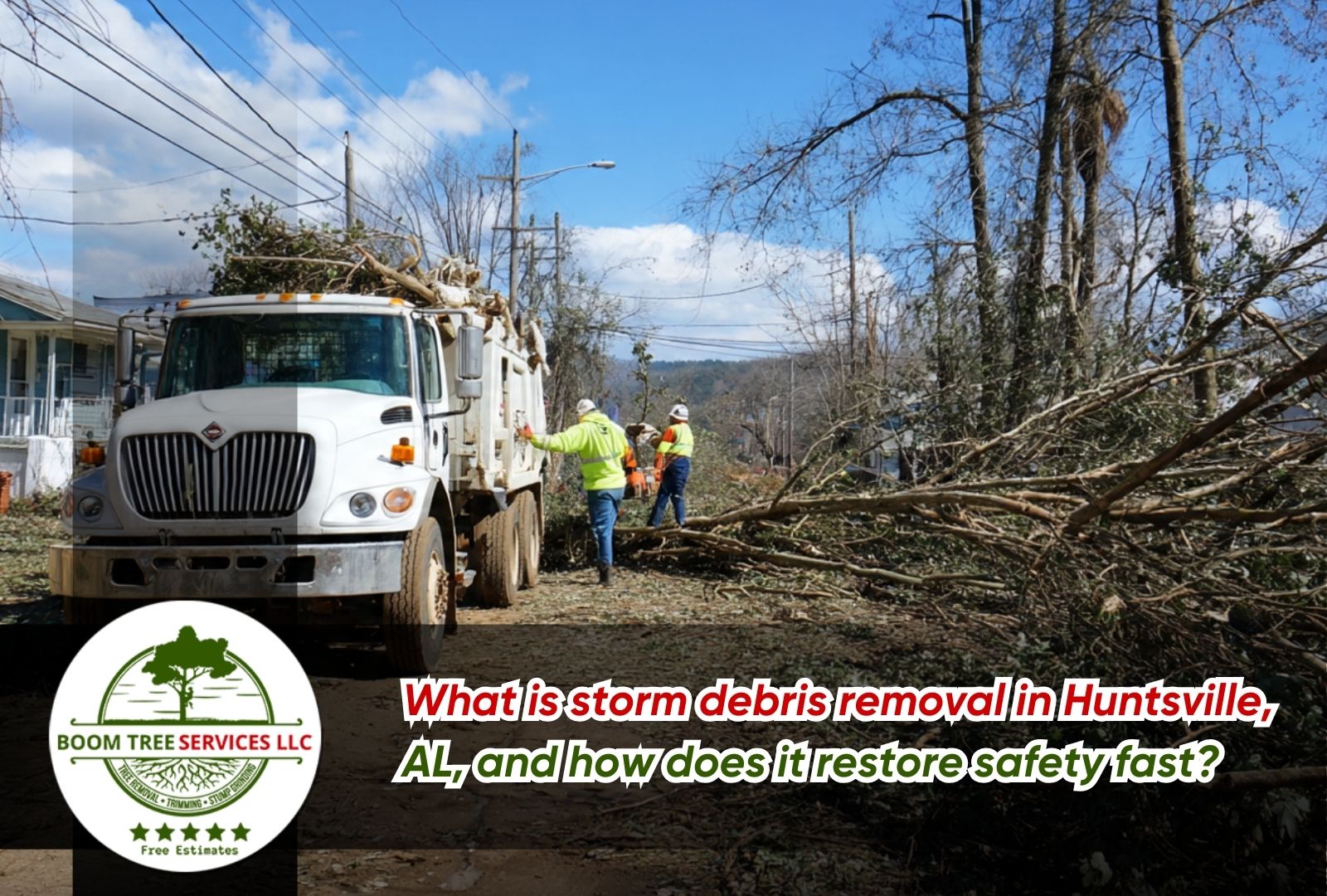 Storm debris removal in Huntsville AL crew loading branches