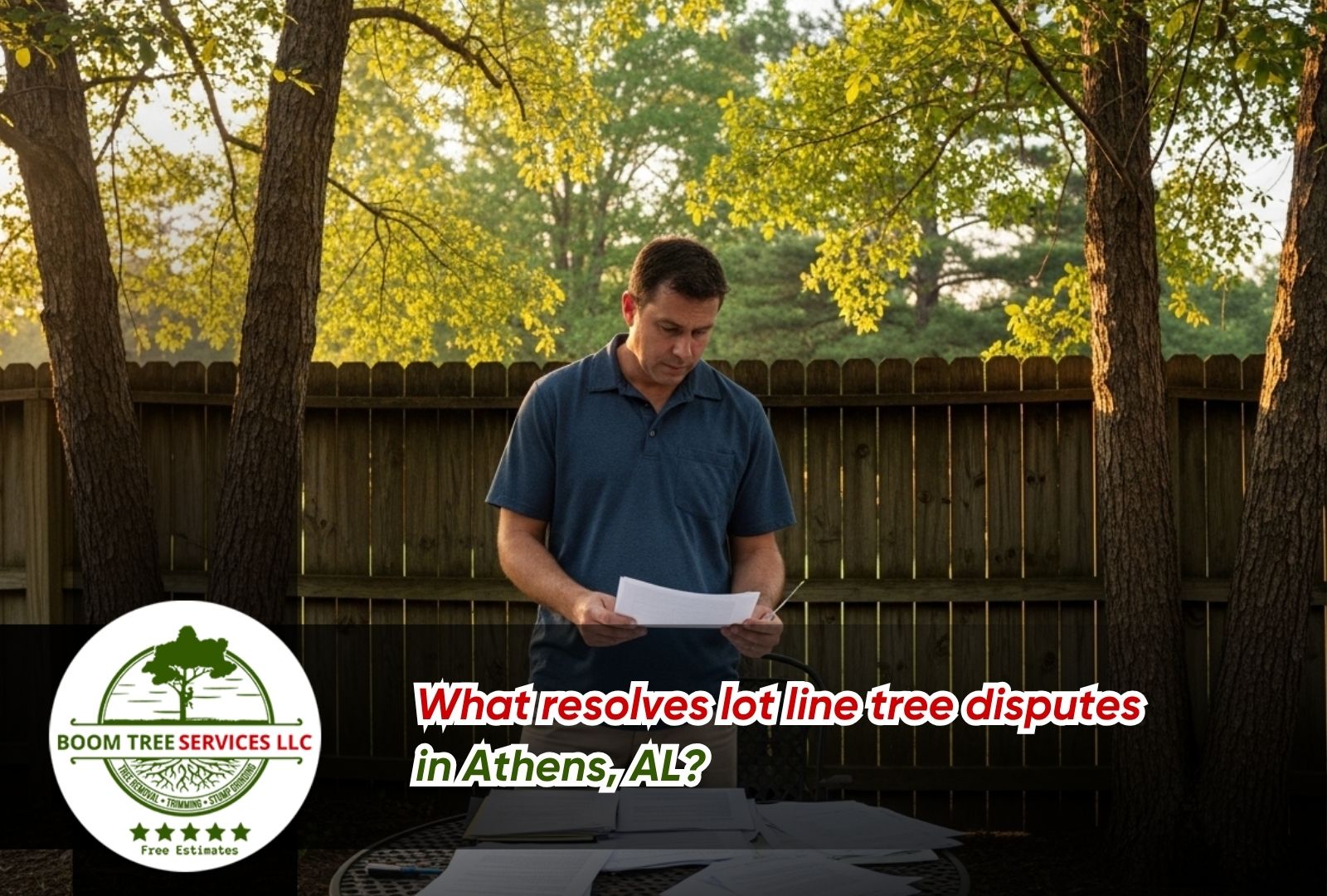 homeowner reviewing lot line tree disputes in Athens, AL near a fence