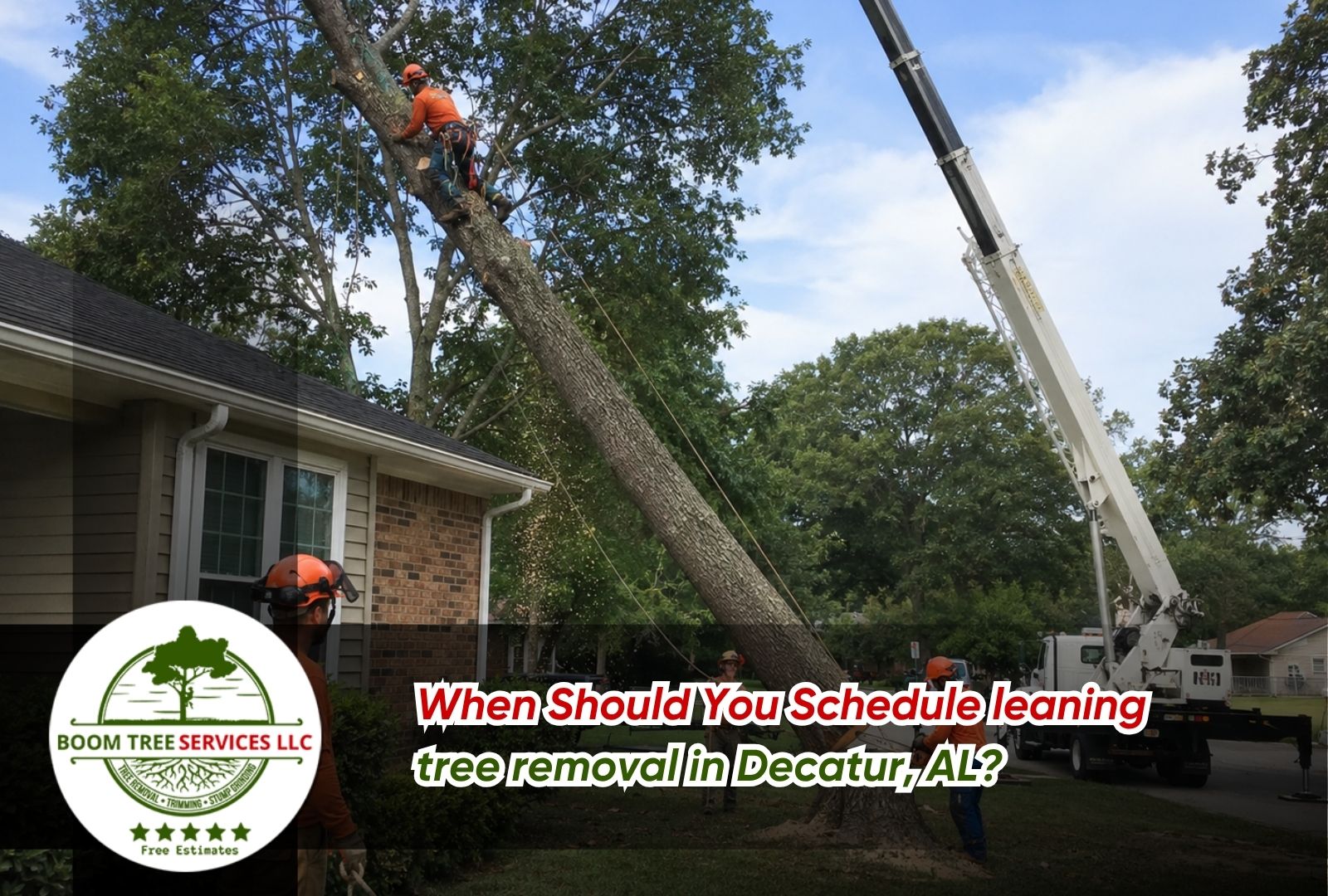 leaning tree removal in Decatur, AL near a residential yard