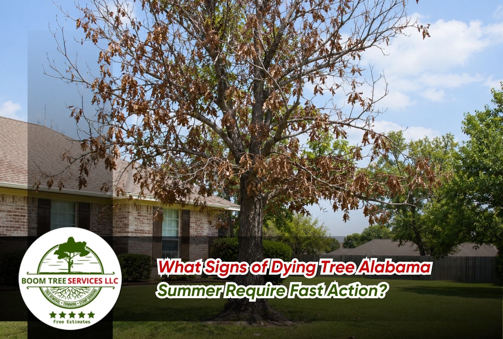 Signs of dying tree Alabama summer with brown leaves in June